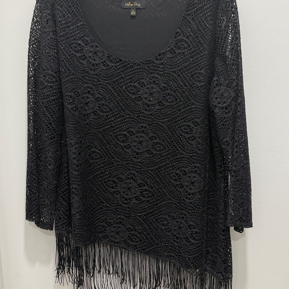 Black Asymmetrical Fringe Sparkle Party Tunic Top, Size XL